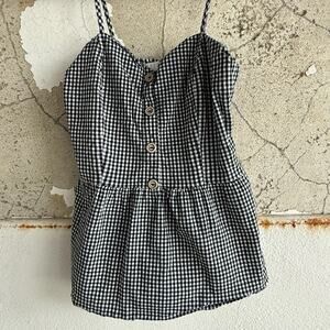 Black White Gingham Peplum Button Front Top Cottagecore Summer Tank Cotton‎